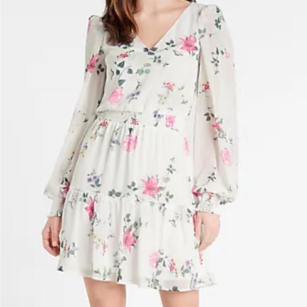 NWT Express White Floral Smocked Waist Ruffle Mini Dress XL